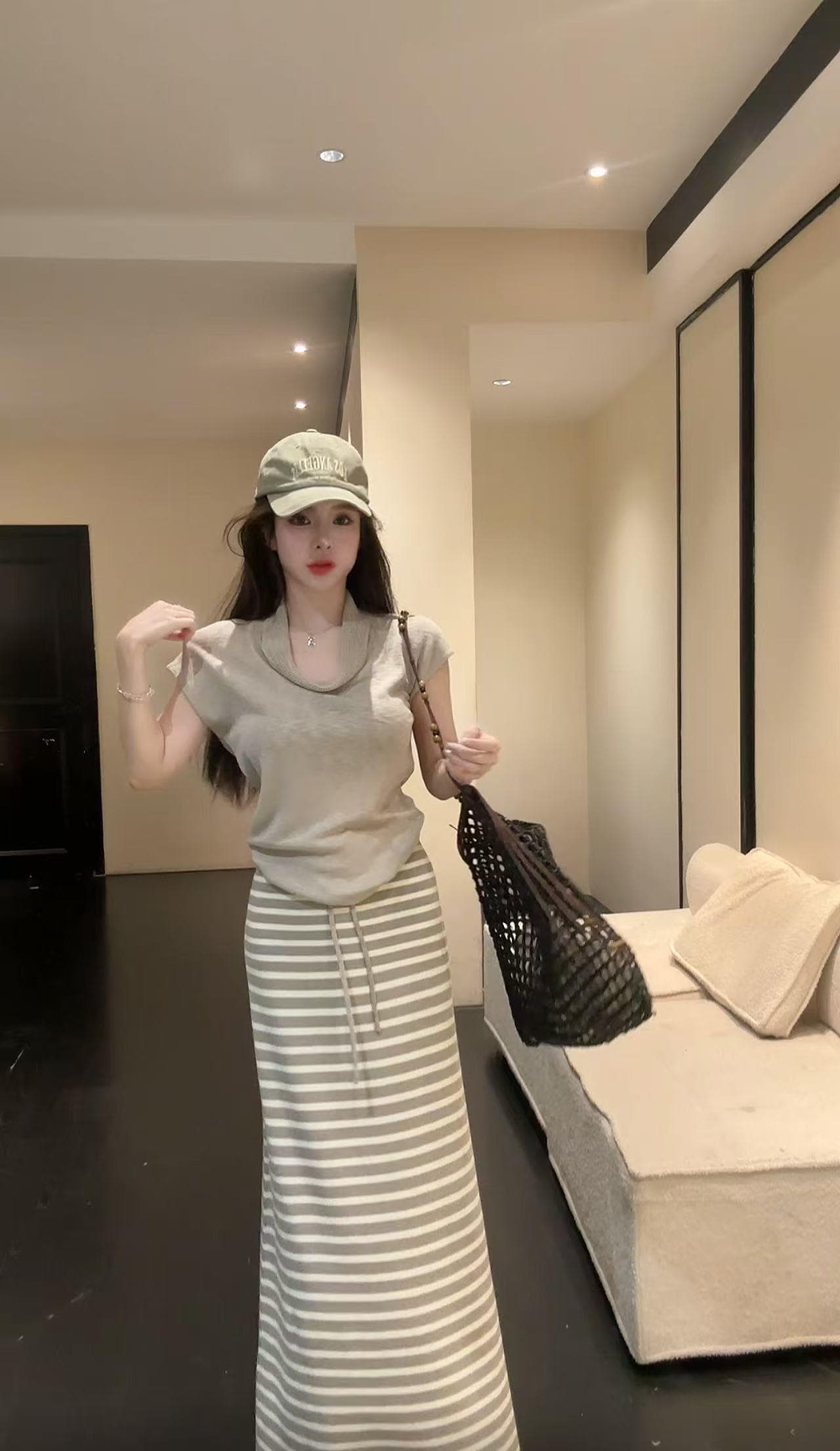 huihui 순수한 욕망 핫걸 한국 스타일 흔들다 칼라 반팔 티셔츠 하이웨이스트 스트라이프 반신 치마 세트 l0657 상세 이미지 24