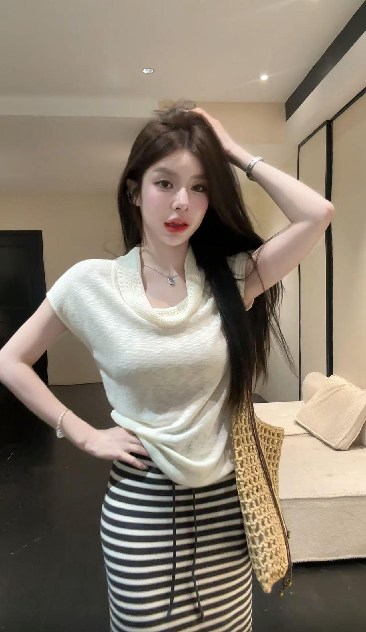 huihui 순수한 욕망 핫걸 한국 스타일 흔들다 칼라 반팔 티셔츠 하이웨이스트 스트라이프 반신 치마 세트 l0657 상세 이미지 29
