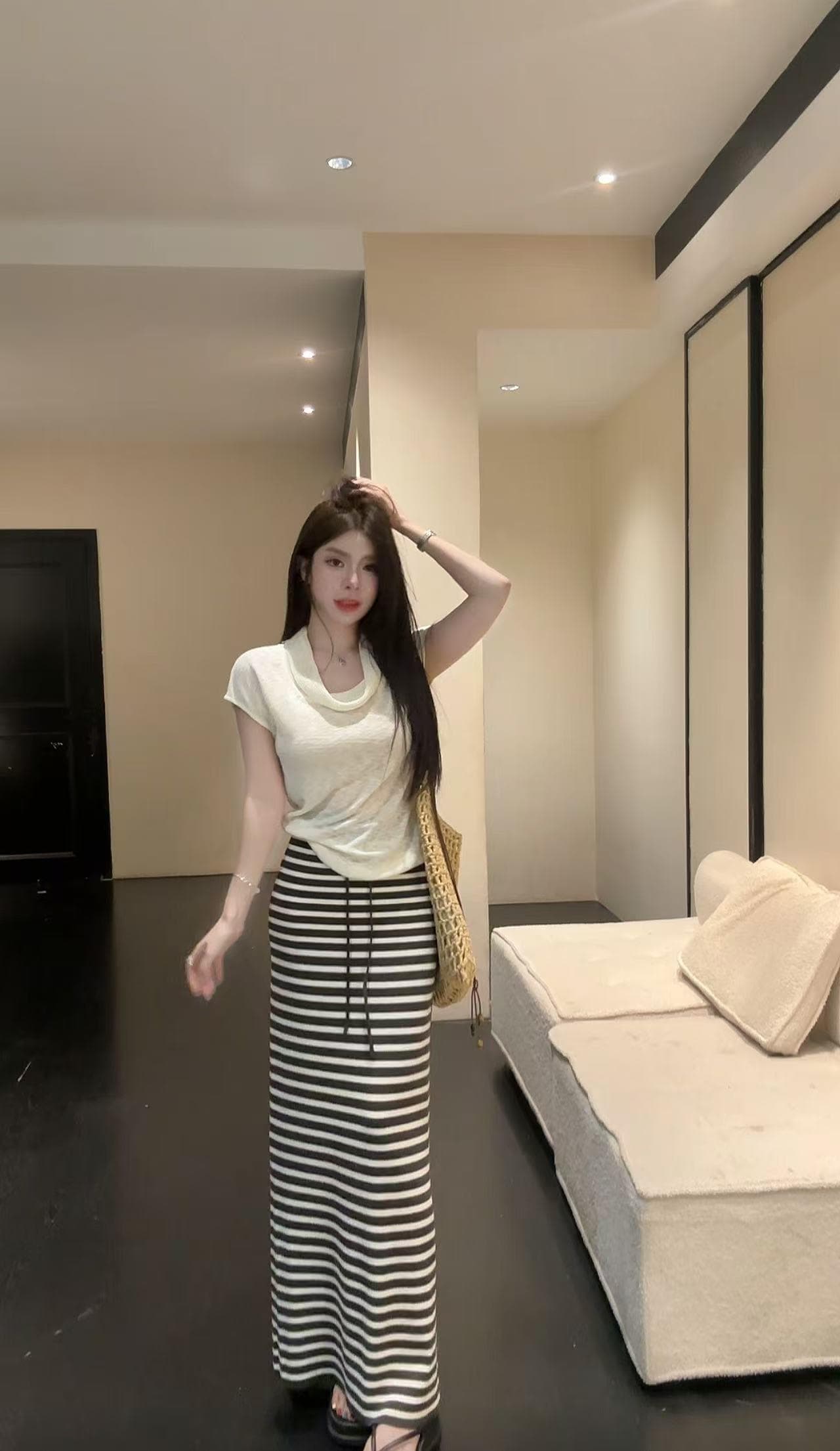 huihui 순수한 욕망 핫걸 한국 스타일 흔들다 칼라 반팔 티셔츠 하이웨이스트 스트라이프 반신 치마 세트 l0657 상세 이미지 33