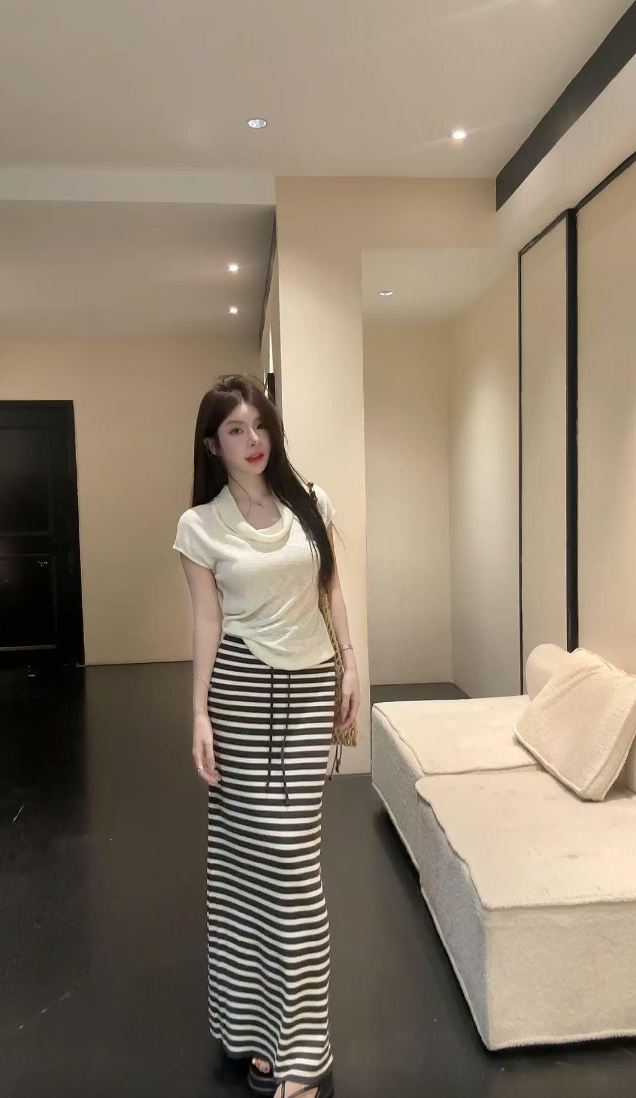 huihui 순수한 욕망 핫걸 한국 스타일 흔들다 칼라 반팔 티셔츠 하이웨이스트 스트라이프 반신 치마 세트 l0657 상세 이미지 34