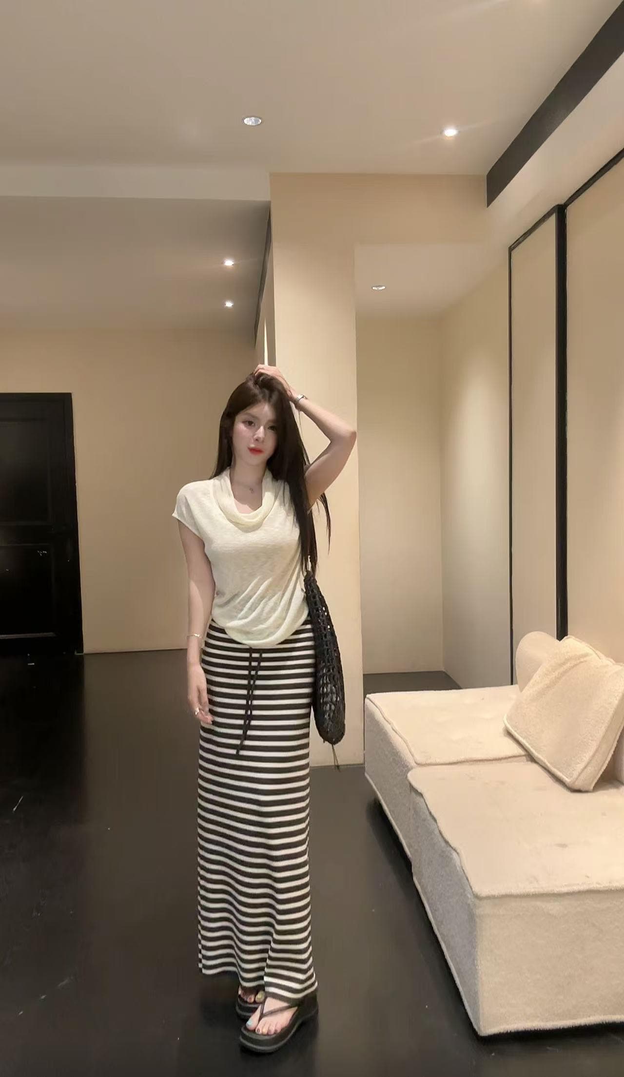 huihui 순수한 욕망 핫걸 한국 스타일 흔들다 칼라 반팔 티셔츠 하이웨이스트 스트라이프 반신 치마 세트 l0657 상세 이미지 37