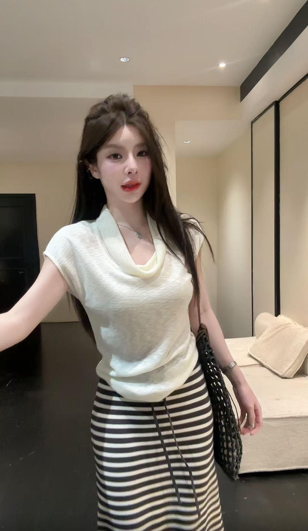 huihui 순수한 욕망 핫걸 한국 스타일 흔들다 칼라 반팔 티셔츠 하이웨이스트 스트라이프 반신 치마 세트 l0657 상세 이미지 40