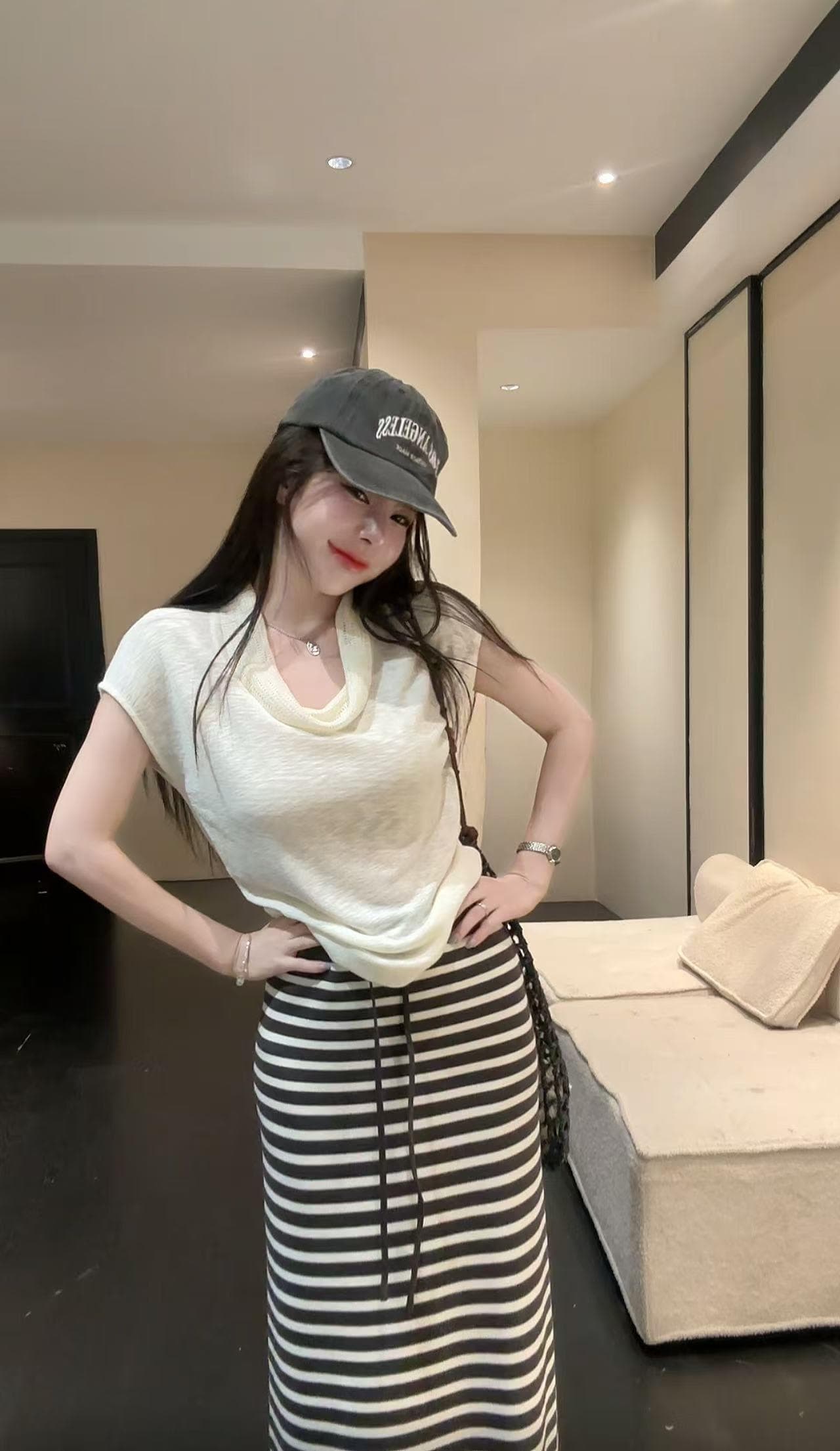 huihui 순수한 욕망 핫걸 한국 스타일 흔들다 칼라 반팔 티셔츠 하이웨이스트 스트라이프 반신 치마 세트 l0657 상세 이미지 41