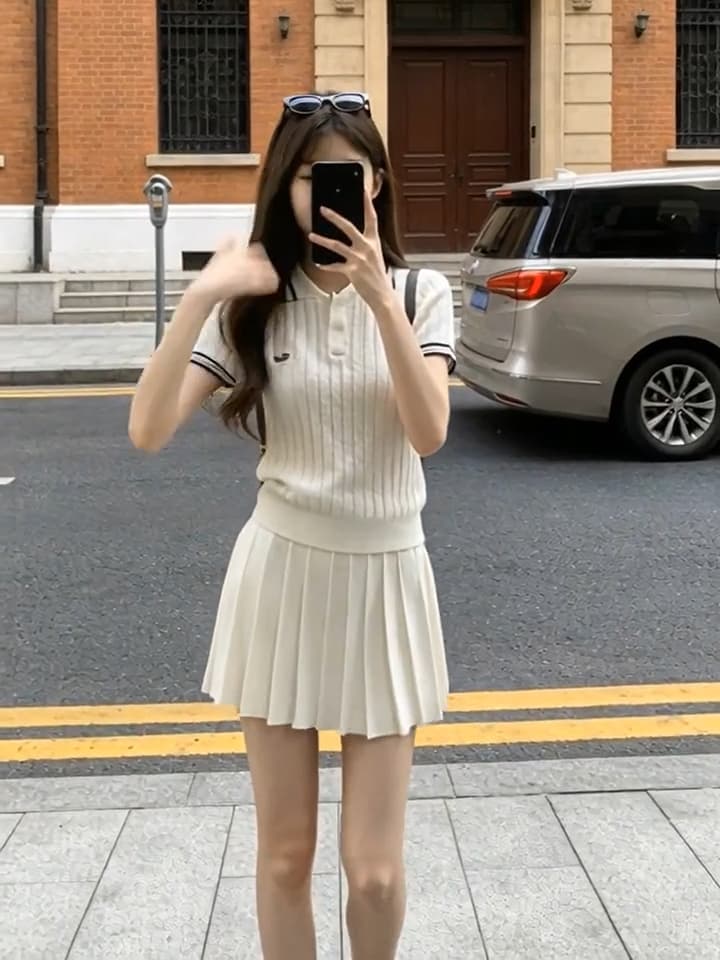있음 도착 미니멀리즘 자수 POLO 칼라 니트 반팔 티셔츠 여성 여름 새로운 학원 스타일 캐주얼 투피스 세트 이미지 4