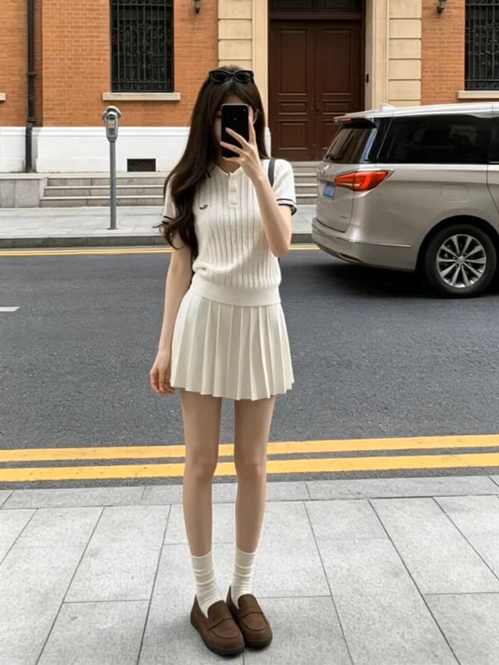 있음 도착 미니멀리즘 자수 POLO 칼라 니트 반팔 티셔츠 여성 여름 새로운 학원 스타일 캐주얼 투피스 세트 이미지 2