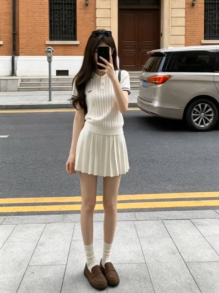 있음 도착 미니멀리즘 자수 POLO 칼라 니트 반팔 티셔츠 여성 여름 새로운 학원 스타일 캐주얼 투피스 세트 상세 이미지 1