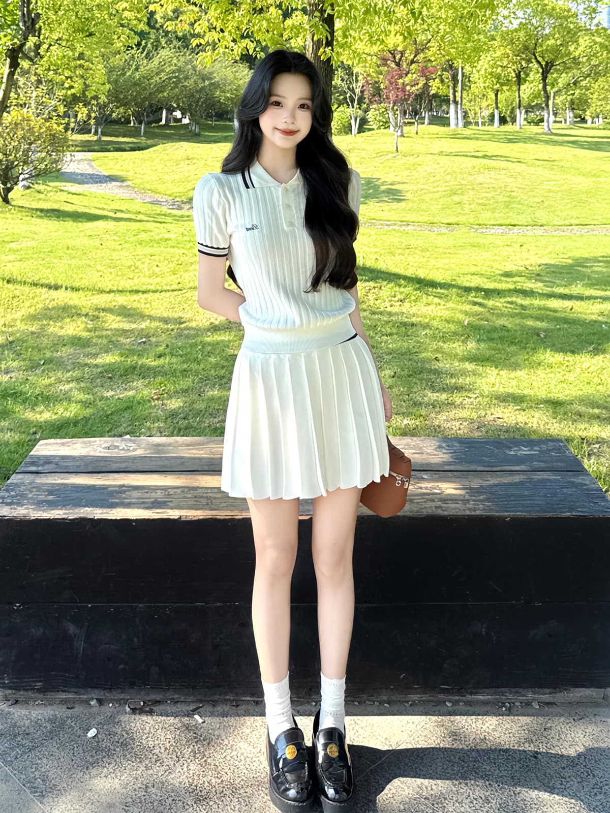 있음 도착 미니멀리즘 자수 POLO 칼라 니트 반팔 티셔츠 여성 여름 새로운 학원 스타일 캐주얼 투피스 세트 이미지 3
