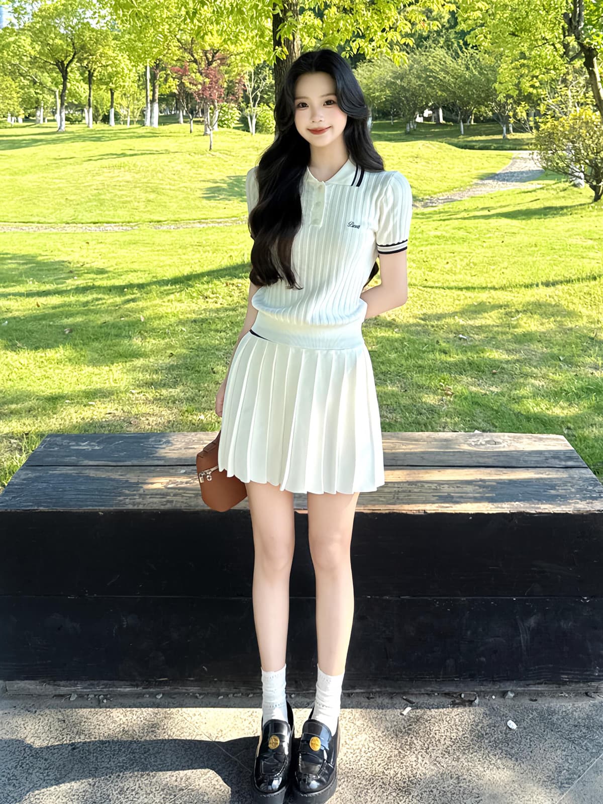있음 도착 미니멀리즘 자수 POLO 칼라 니트 반팔 티셔츠 여성 여름 새로운 학원 스타일 캐주얼 투피스 세트 상세 이미지 4