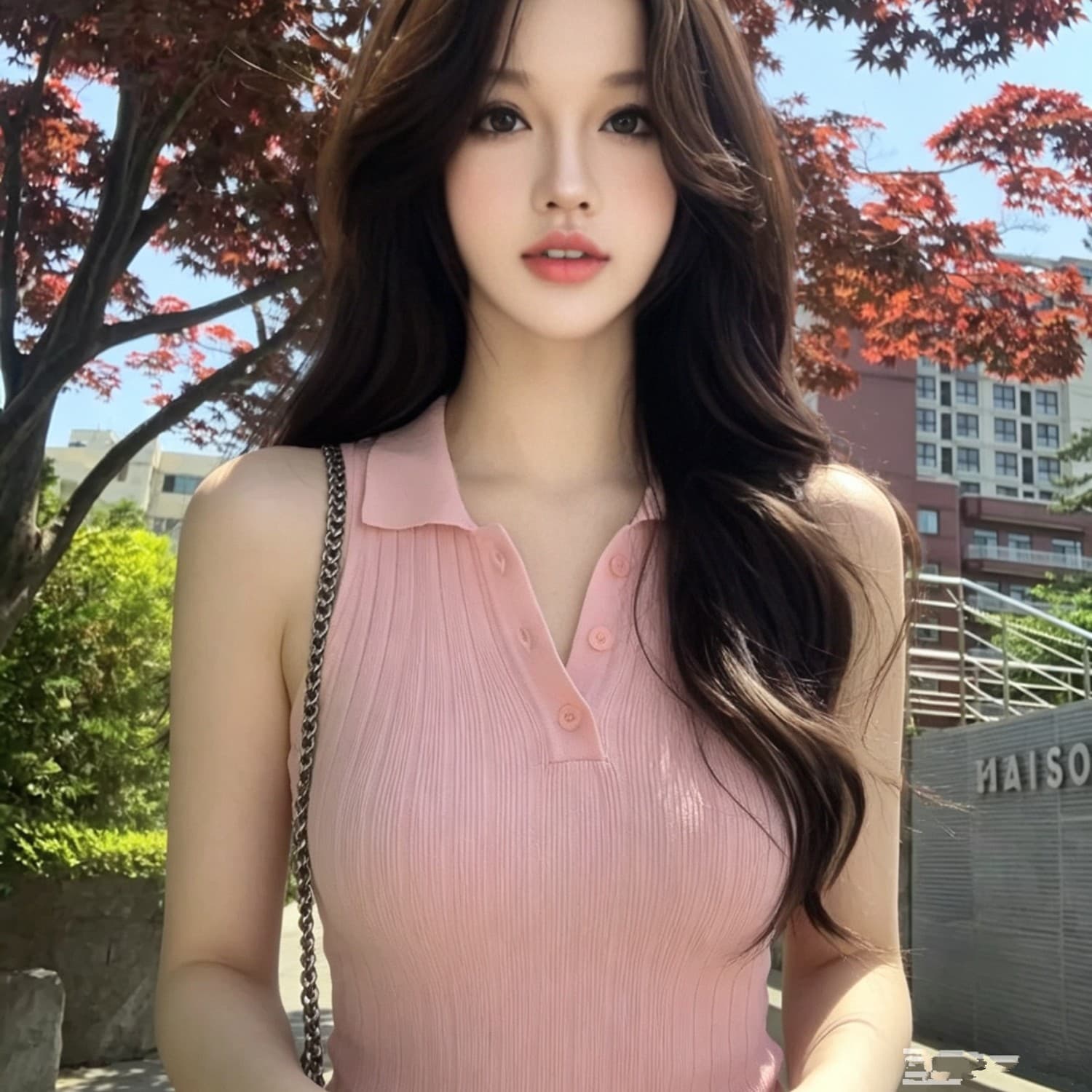 있음 도착 딸기 소프트 캔디 핑크색 폴로 칼라 민소매 조끼 여성 드레스 봄 여름 타이트 스커트 천천히 여단 치마 이미지 5
