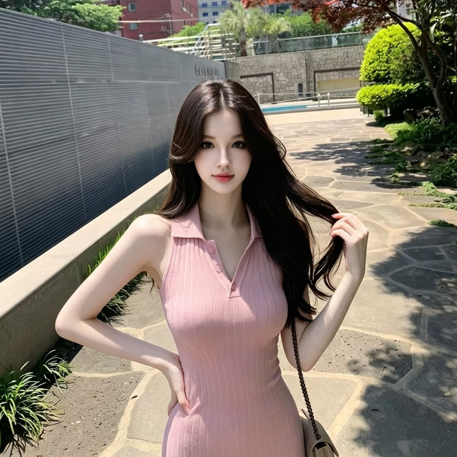 있음 도착 딸기 소프트 캔디 핑크색 폴로 칼라 민소매 조끼 여성 드레스 봄 여름 타이트 스커트 천천히 여단 치마 상세 이미지 5