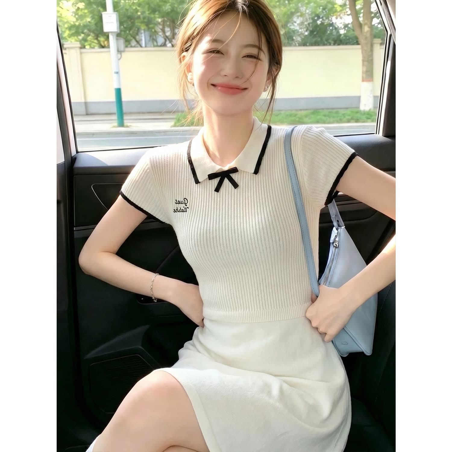 있음 도착 학원 스타일 POLO 칼라 니트 여성 드레스 여름 허리 수축 슬림해 보이는 한 마디 타이트 스커트 프랑스식 아름다운 상세 이미지 5