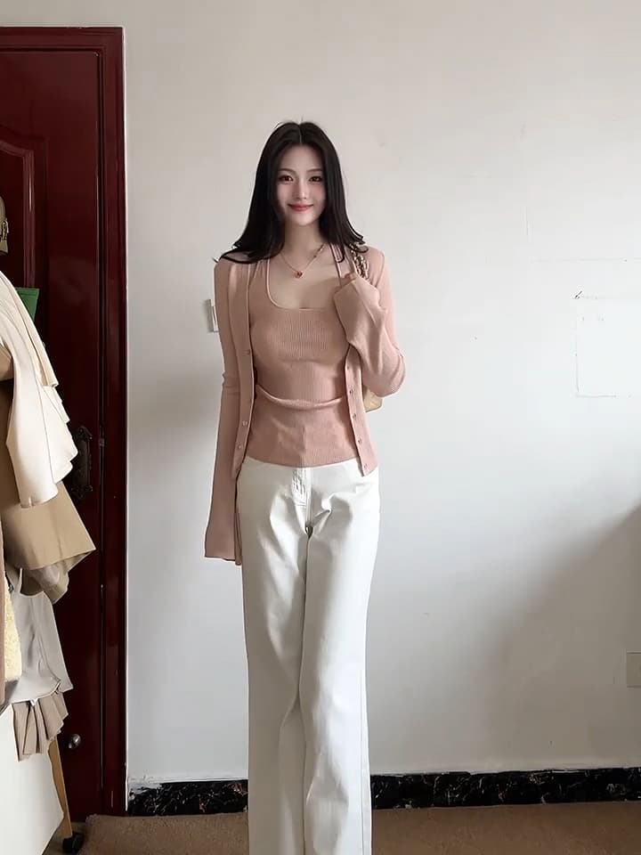 있음 도착 니트 오픈 가디건 여성 코트 가을 긴팔 얇은 스타일 행침 목 조끼 보라색 디자인 센스 투피스 슈트 이미지 4