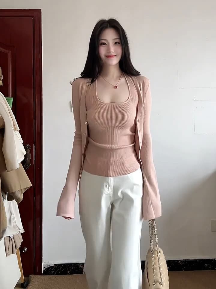 있음 도착 니트 오픈 가디건 여성 코트 가을 긴팔 얇은 스타일 행침 목 조끼 보라색 디자인 센스 투피스 슈트 이미지 2