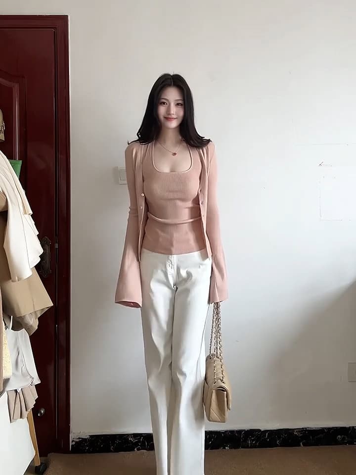 있음 도착 니트 오픈 가디건 여성 코트 가을 긴팔 얇은 스타일 행침 목 조끼 보라색 디자인 센스 투피스 슈트 이미지 5