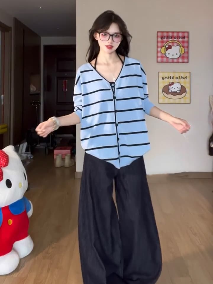 있음 도착 파란색 스트라이프 스웨터 가을 가을 느긋한 루즈핏 캐주얼 긴팔 니트 스웨터 맨위 두 조각 여성 세트 이미지 5