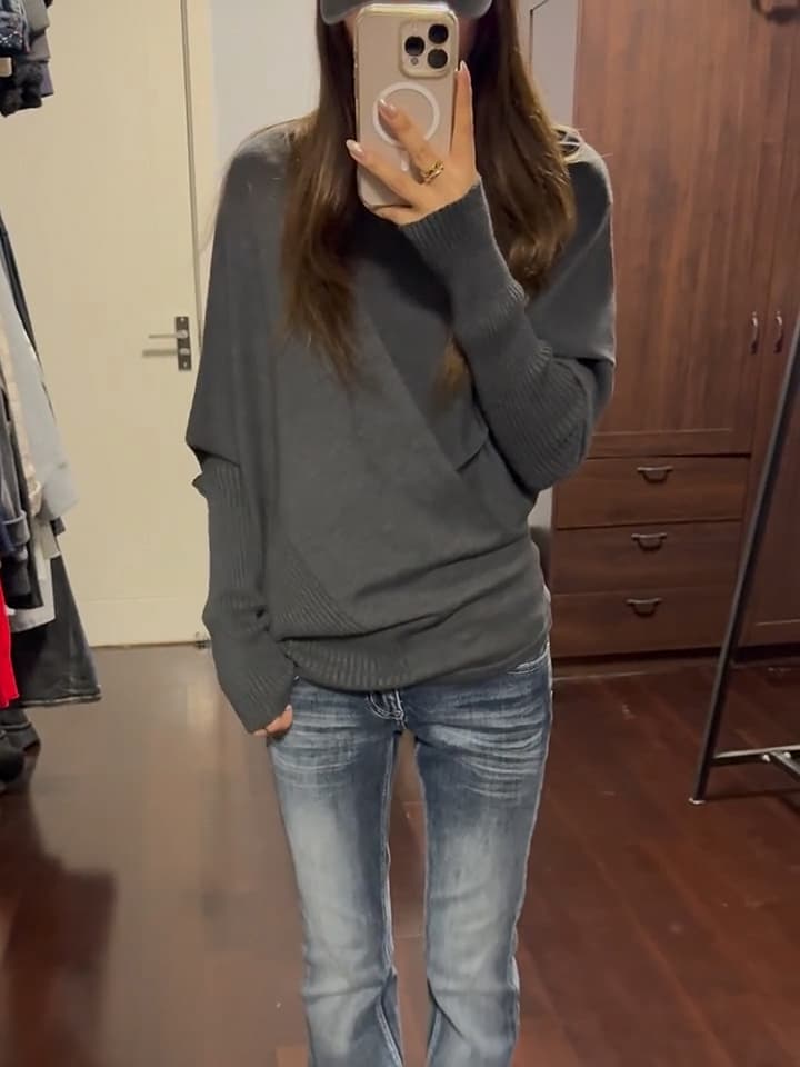 있음 도착 회색 니트 스웨터 여성 자이언트 잘 생긴 ~ 중 이른 가을 한 부서 착용 가져 가라. 배트윙 소매 루즈핏 긴팔 이미지 2