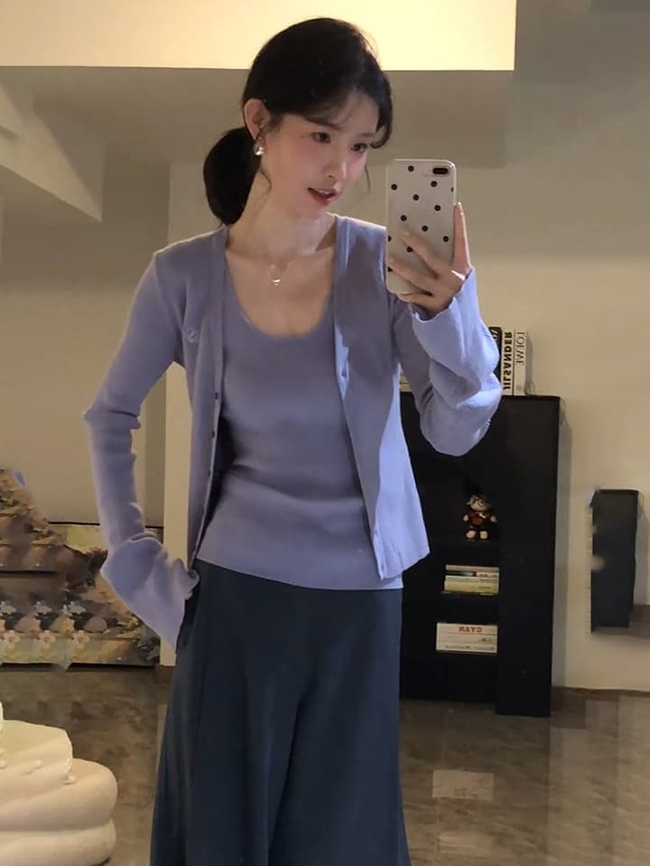 있음 도착 봄 가을 니트 카디건 코트 여성 긴 소매 얇은 스타일 행침 목 조끼 보라색 디자인 센스 투피스 세트 가을 상세 이미지 3