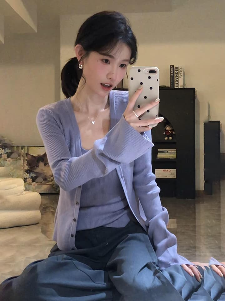 있음 도착 봄 가을 니트 카디건 코트 여성 긴 소매 얇은 스타일 행침 목 조끼 보라색 디자인 센스 투피스 세트 가을 상세 이미지 7
