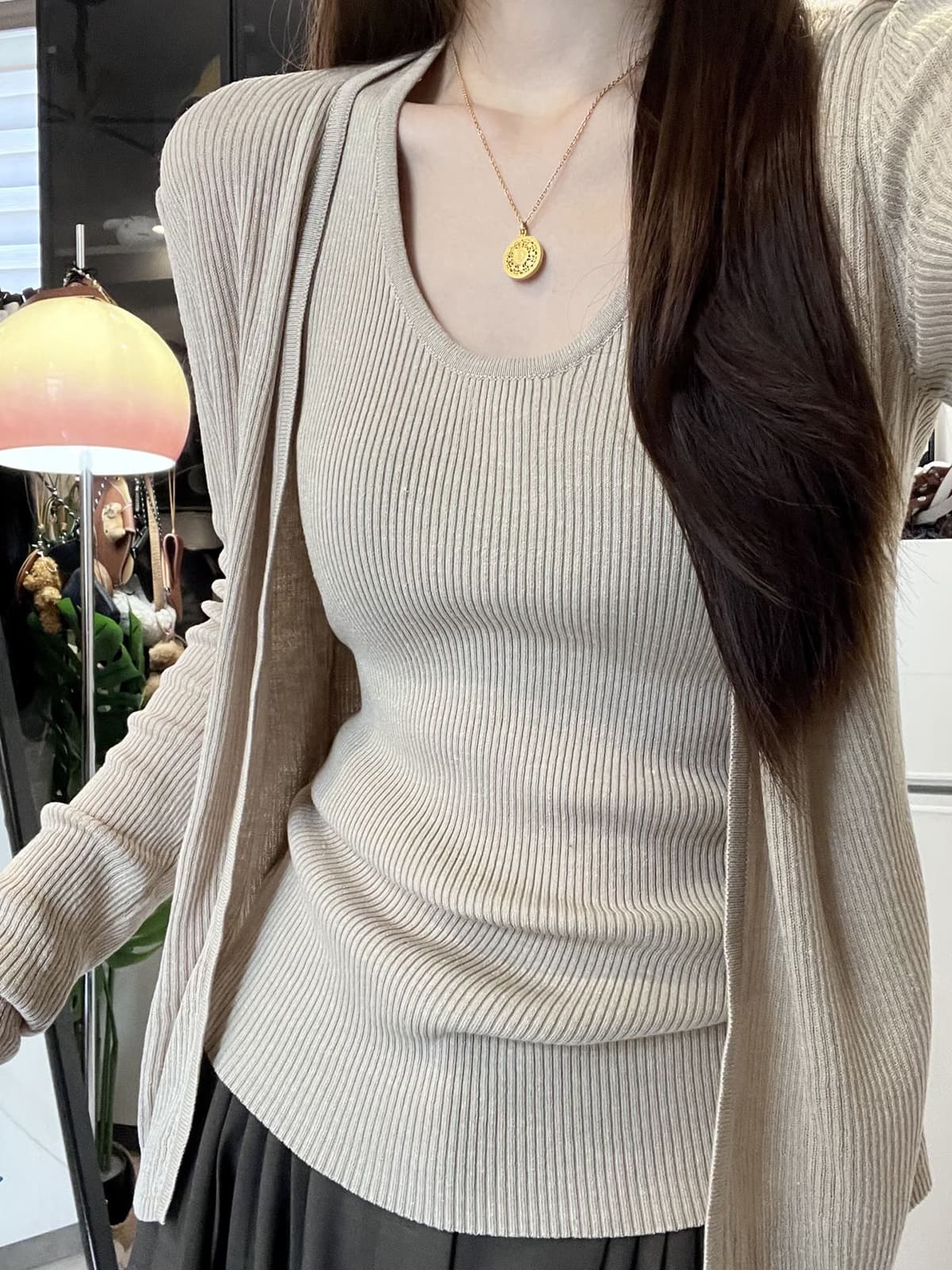 있음 도착 오픈 가디건 여성 코트 가을 계층의 감각 느긋한 바람 아마 조끼 맨위 여성 오픈 가디건 니트 여성 이미지 2