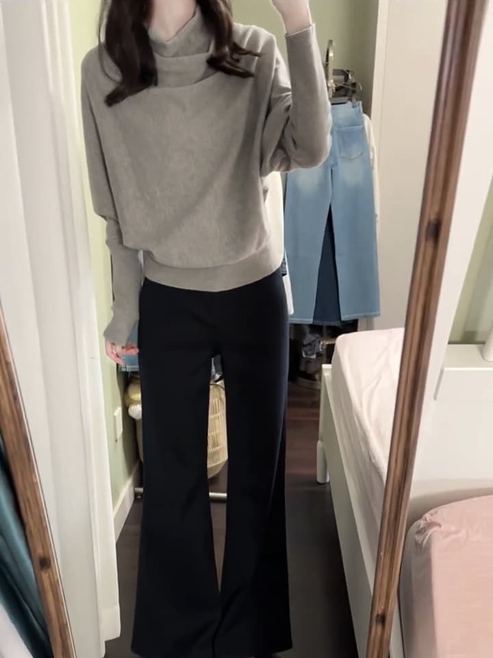 있음 도착 회색 반하이넥 배트윙 소매 풀오버 스웨터 여자 가을 디자인 센스 루즈핏 맨위 이미지 5