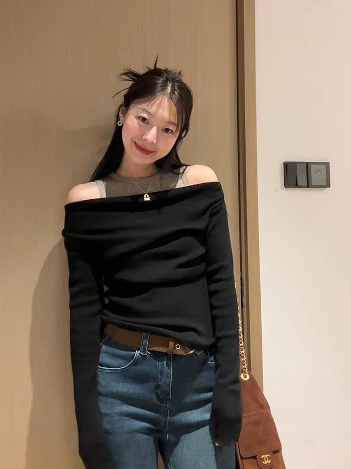 있음 도착 쉬운 스택 가져 가라. 흔들다 칼라 페이크 레이어드 배색 패치워크 기본 셔츠 꼬집기 허리 품격 다용도 맨위 상세 이미지 2