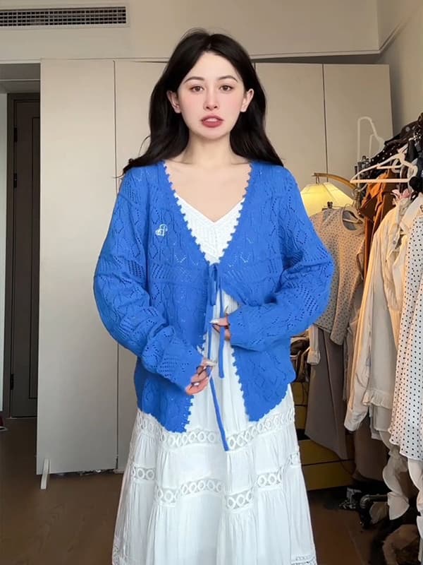 있음 도착 홀로우 아웃 얇은 스타일 니트 오픈 가디건 여성 봄 여름 파란색 블라우스 자외선 차단 에어컨 셔츠 루즈핏 맨위 가을 상세 이미지 3