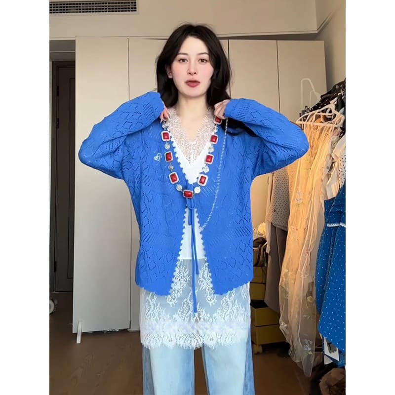있음 도착 홀로우 아웃 얇은 스타일 니트 오픈 가디건 여성 봄 여름 파란색 블라우스 자외선 차단 에어컨 셔츠 루즈핏 맨위 가을 상세 이미지 5
