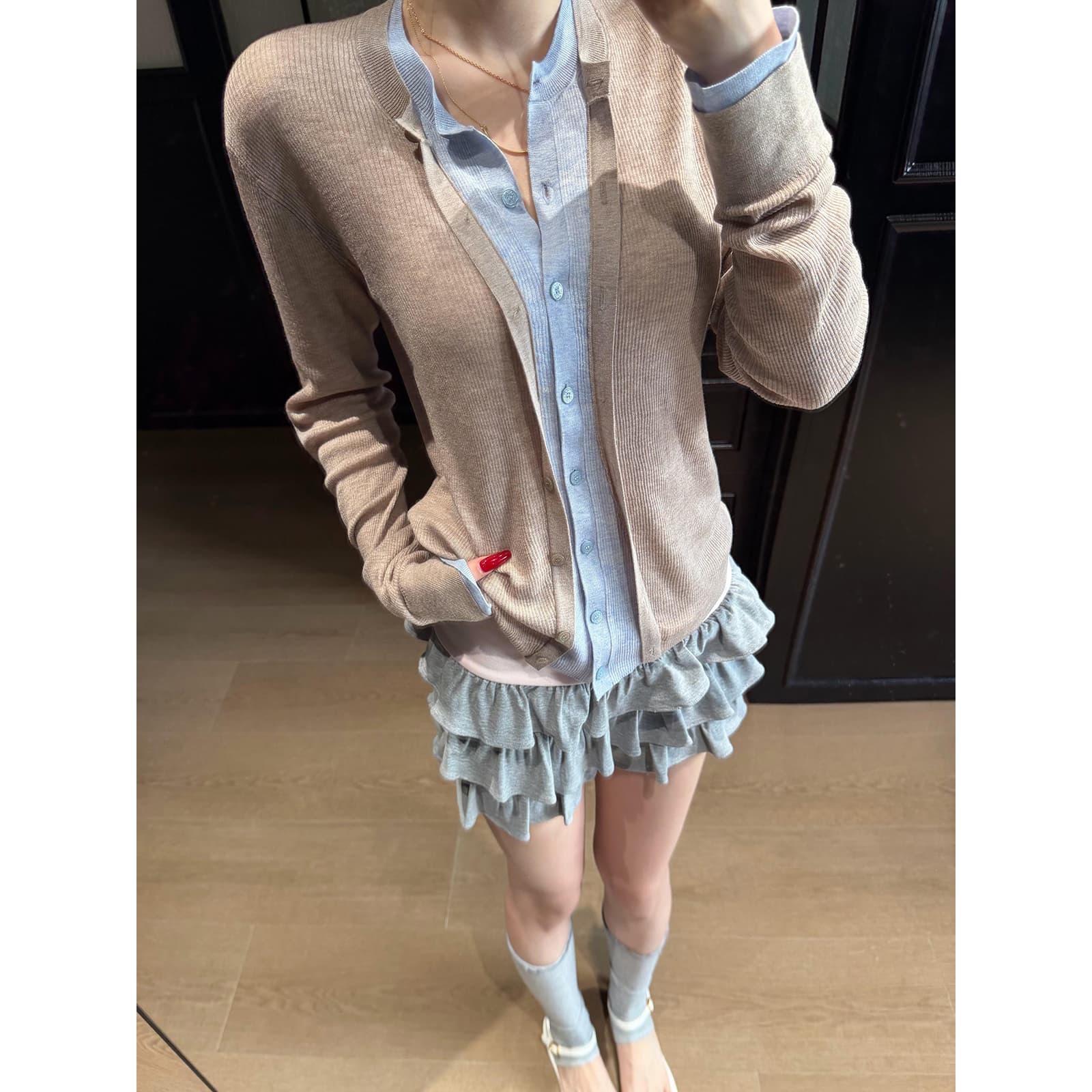 있음 도착 이른 가을 부서 계층의 감각 몸매 가꾸기 맨위 여성 페이크 레이어드 패치워크 색상 양모 니트 오픈 가디건 상세 이미지 2
