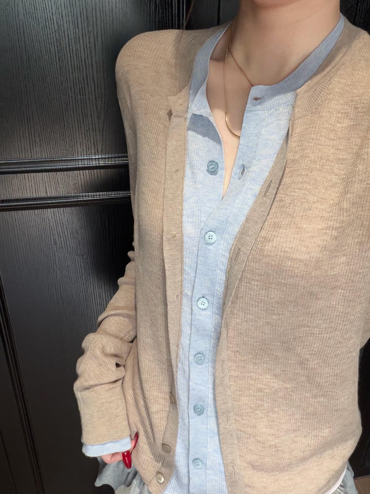 있음 도착 이른 가을 부서 계층의 감각 몸매 가꾸기 맨위 여성 페이크 레이어드 패치워크 색상 양모 니트 오픈 가디건 상세 이미지 3