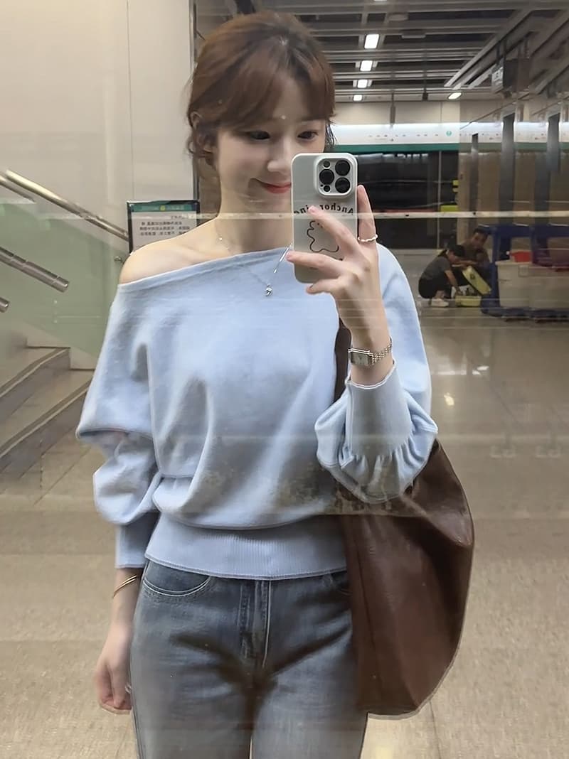 있음 도착 프랑스식 하늘색 오프숄더 니트 긴 소매 맨위 여성 봄 디자인 센스 외부 가져 가라. 얇은 스타일 상세 이미지 1