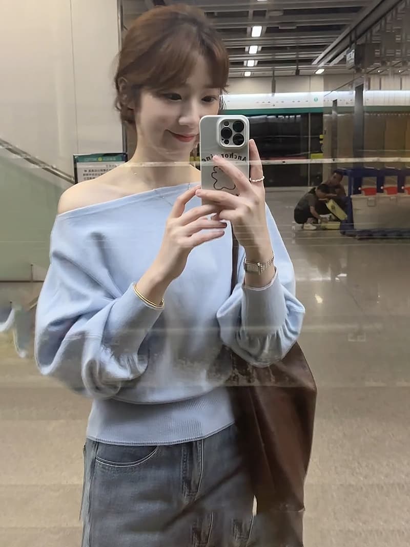 있음 도착 프랑스식 하늘색 오프숄더 니트 긴 소매 맨위 여성 봄 디자인 센스 외부 가져 가라. 얇은 스타일 상세 이미지 5