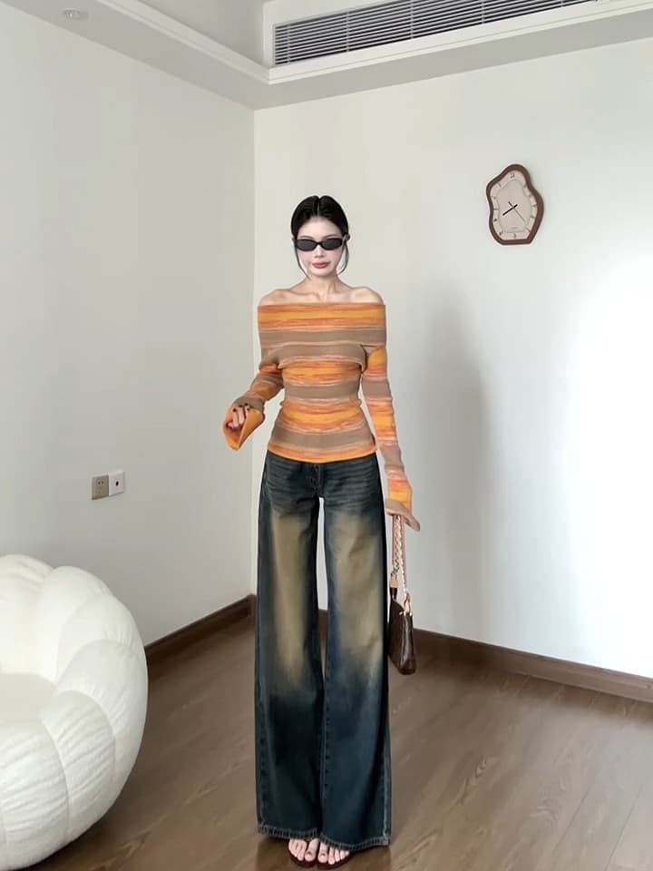 있음 도착 가을 레트로 배색 스트라이프 긴팔 니트 스웨터 여성 새로운 몸매 가꾸기 슬림해 보이는 오프숄더 핫걸 가을 이미지 5