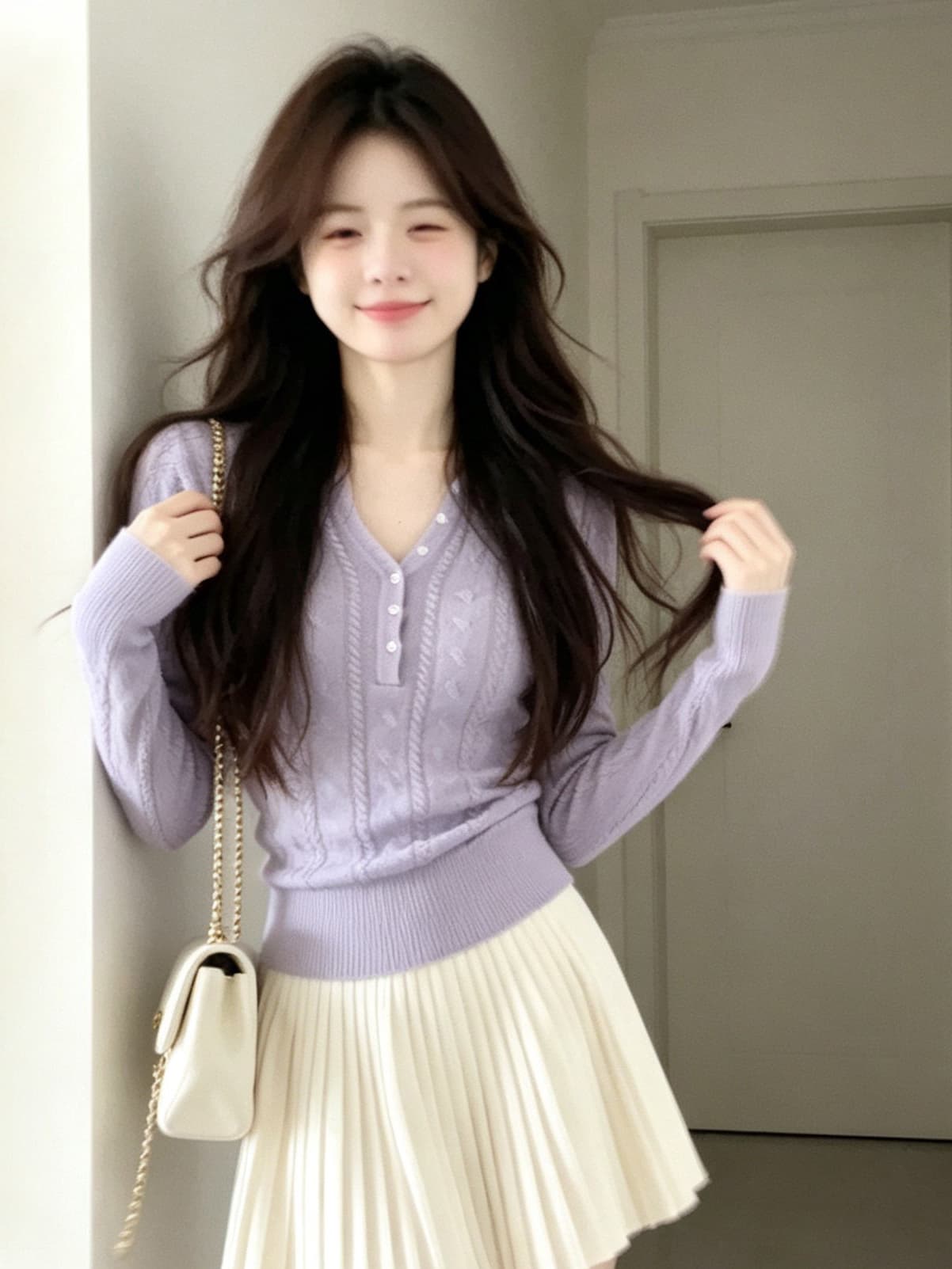 있음 도착 라일락 꽃 봄 가을 프랑스식 부드러운 품격 패션 다용도 슬림해 보이는 맨위 여성 봄 가을 새로운 이미지 3