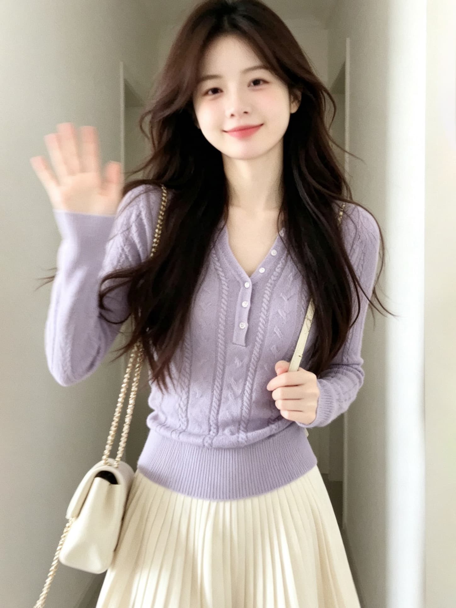 있음 도착 라일락 꽃 봄 가을 프랑스식 부드러운 품격 패션 다용도 슬림해 보이는 맨위 여성 봄 가을 새로운 상세 이미지 2
