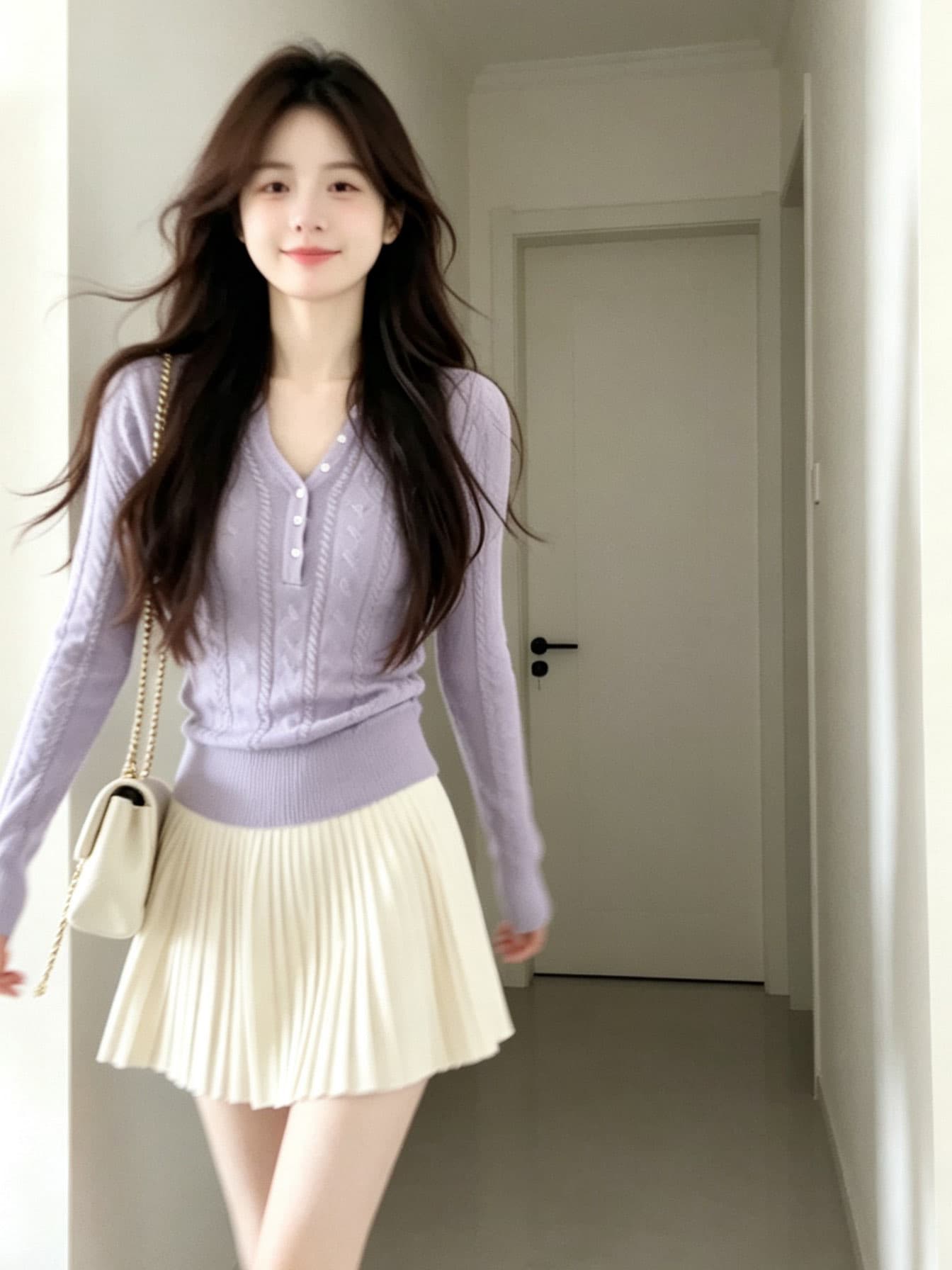 있음 도착 라일락 꽃 봄 가을 프랑스식 부드러운 품격 패션 다용도 슬림해 보이는 맨위 여성 봄 가을 새로운 상세 이미지 5