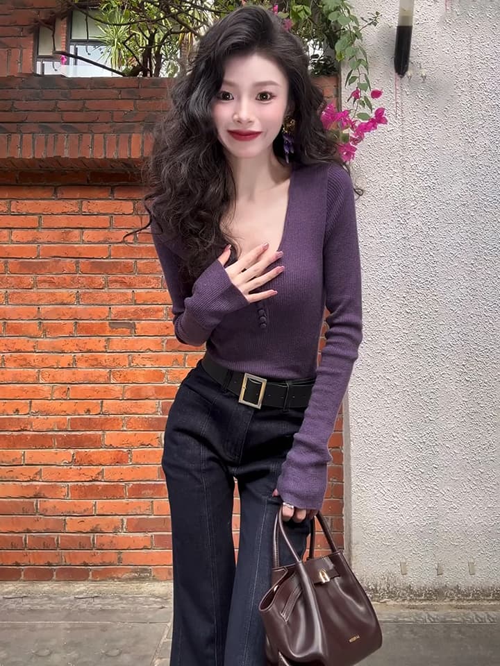 있음 도착 몸매 가꾸기 인사이드 가져 가라. 기본 셔츠 긴팔 니트 스웨터 맨위 가을 겨울 새로운 보온 보라색 스웨터 착용 가져 가라. 상세 이미지 1