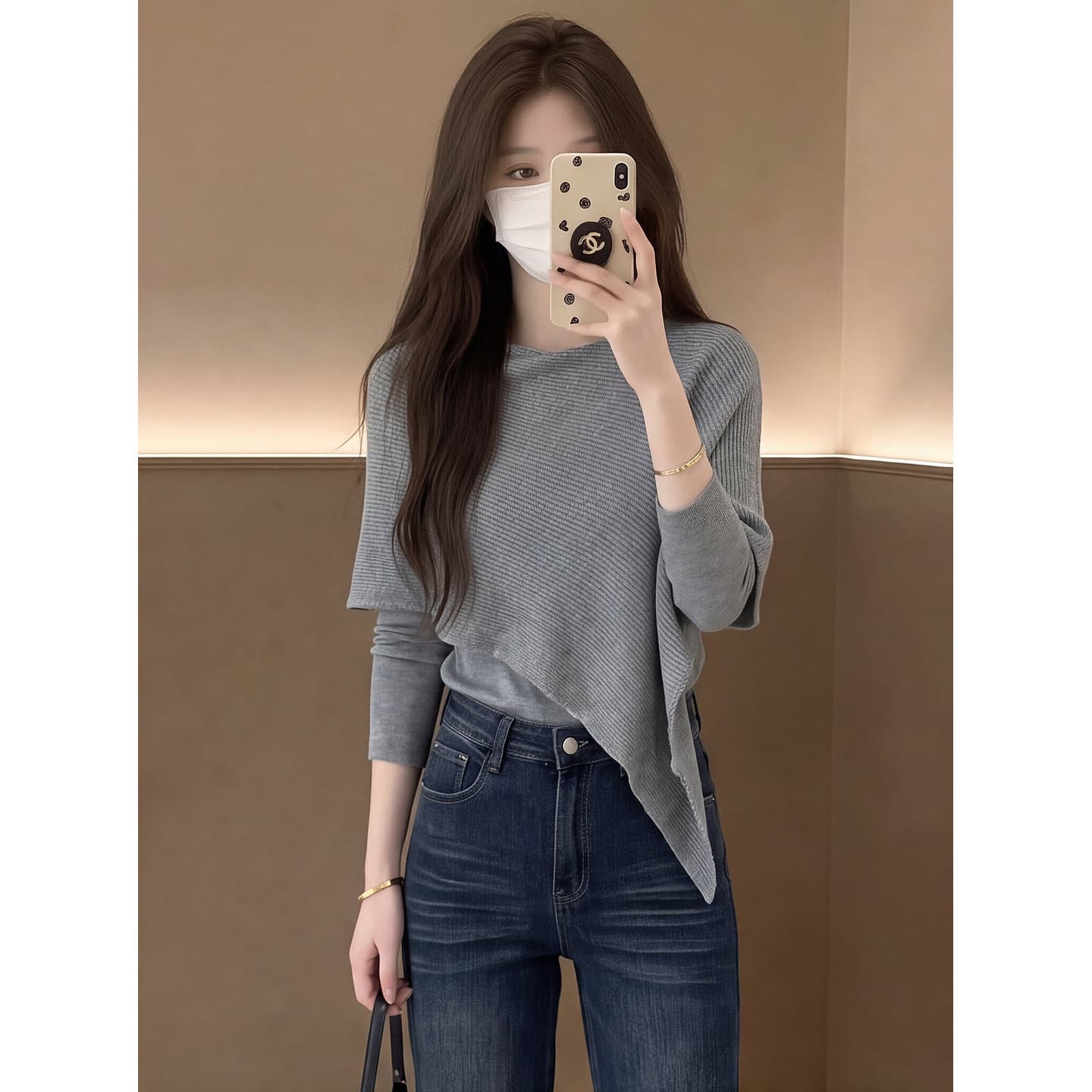 있음 도착 이른 가을 새로운 불규칙 페이크 레이어드 슬림해 보이는 품격 긴팔 니트 맨위 상세 이미지 1