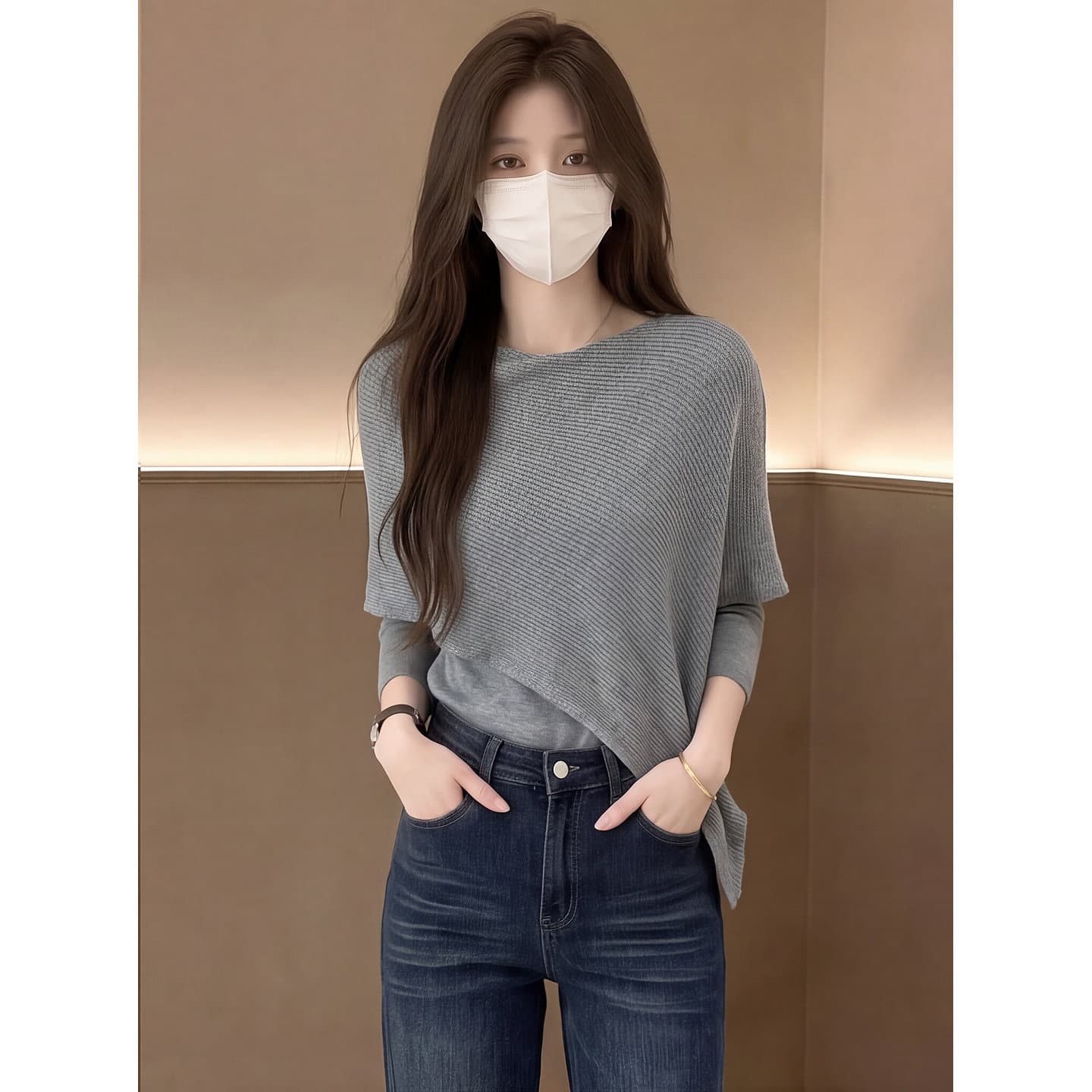 있음 도착 이른 가을 새로운 불규칙 페이크 레이어드 슬림해 보이는 품격 긴팔 니트 맨위 상세 이미지 2