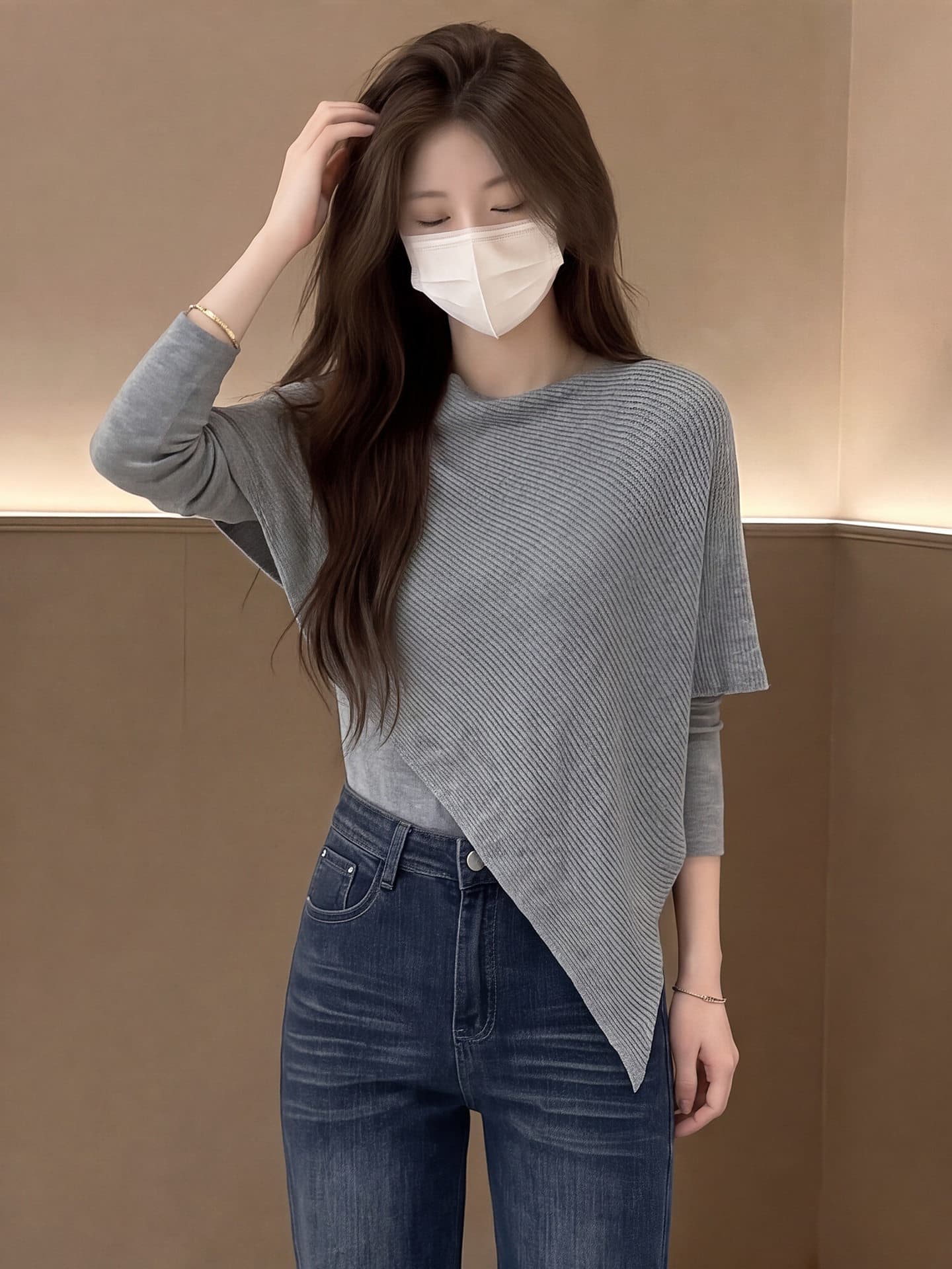 있음 도착 이른 가을 새로운 불규칙 페이크 레이어드 슬림해 보이는 품격 긴팔 니트 맨위 상세 이미지 12
