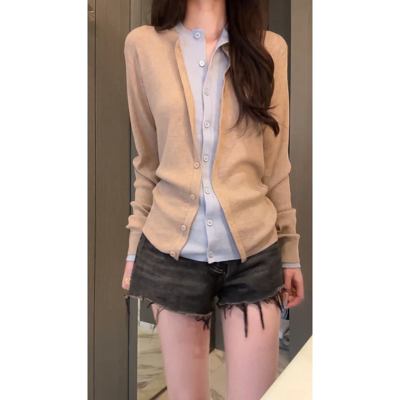 있음 도착 이른 가을 부서 계층의 감각 몸매 가꾸기 맨위 여성 페이크 레이어드 패치워크 색상 양모 니트 오픈 가디건 이미지 6
