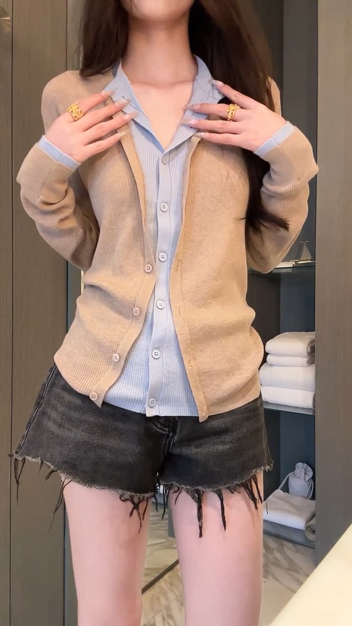 있음 도착 이른 가을 부서 계층의 감각 몸매 가꾸기 맨위 여성 페이크 레이어드 패치워크 색상 양모 니트 오픈 가디건 이미지 2