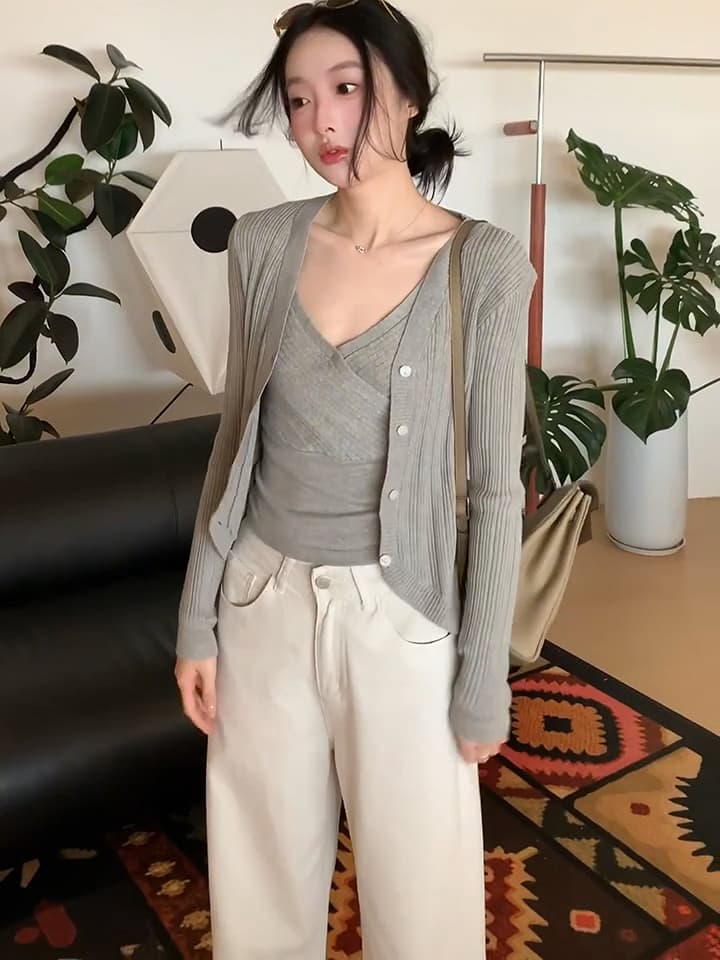 있음 도착 그레이트 통해보기 가져 가라. 전체 집합 녹색 니트 오픈 가디건 스택 착용 십자가 조끼 맨위 투피스 슈트 이미지 3