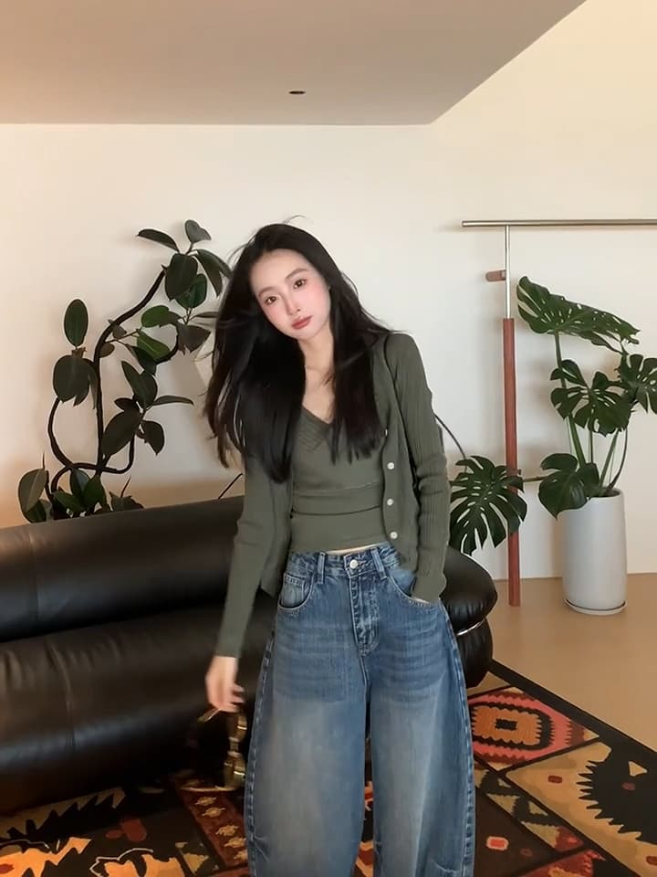 있음 도착 그레이트 통해보기 가져 가라. 전체 집합 녹색 니트 오픈 가디건 스택 착용 십자가 조끼 맨위 투피스 슈트 이미지 5