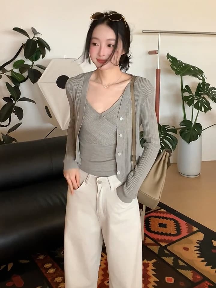 있음 도착 그레이트 통해보기 가져 가라. 전체 집합 녹색 니트 오픈 가디건 스택 착용 십자가 조끼 맨위 투피스 슈트 상세 이미지 2