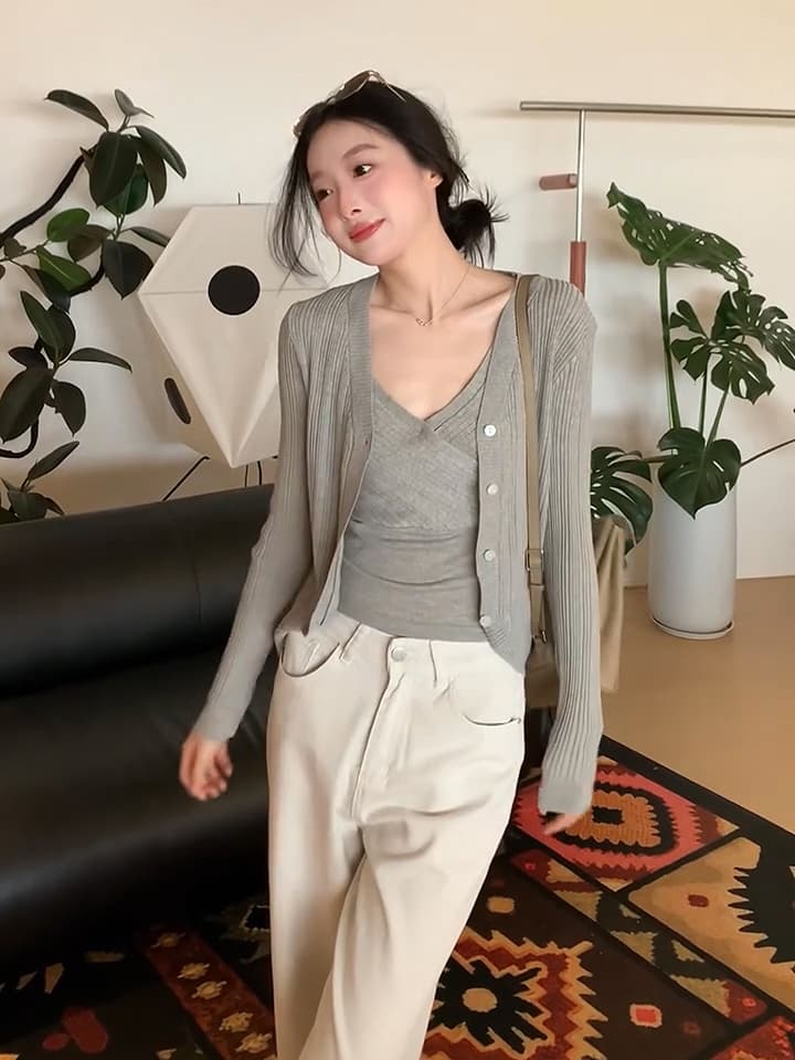 있음 도착 그레이트 통해보기 가져 가라. 전체 집합 녹색 니트 오픈 가디건 스택 착용 십자가 조끼 맨위 투피스 슈트 상세 이미지 3