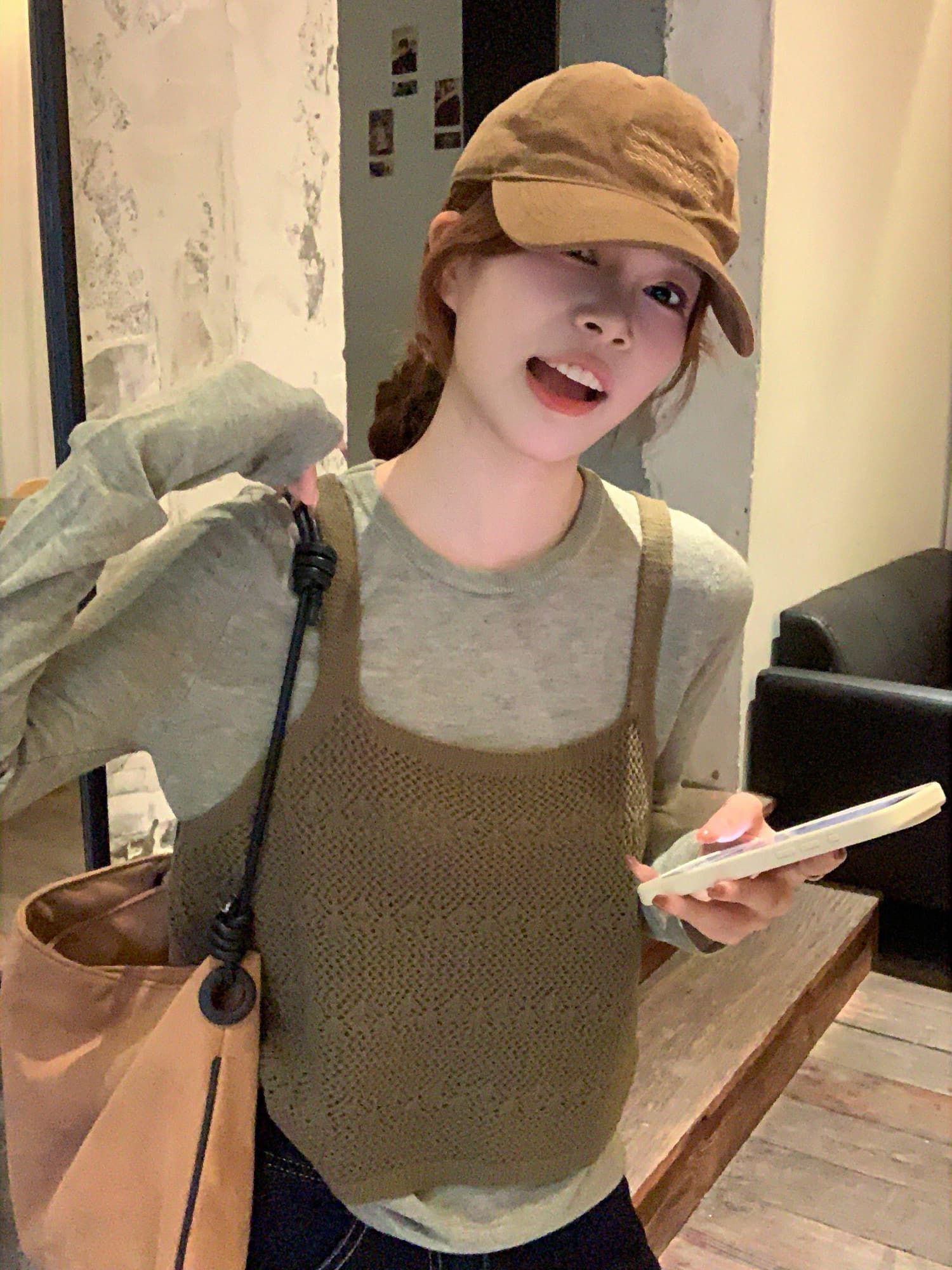 있음 도착 한 부서 홀로우 아웃 니트 슬립 단색 분위기 센스 풀오버 셔츠 다용도 스택 착용 투피스 세트 상세 이미지 7