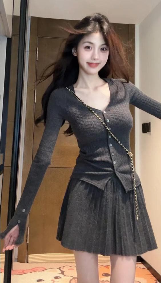 있음 도착 어두운 회색 스웨터 니트 스웨터 여성 가을 겨울철 새로운 몸매 가꾸기 슬림해 보이는 반신 스커트 투피스 세트 가을 여성 상세 이미지 4