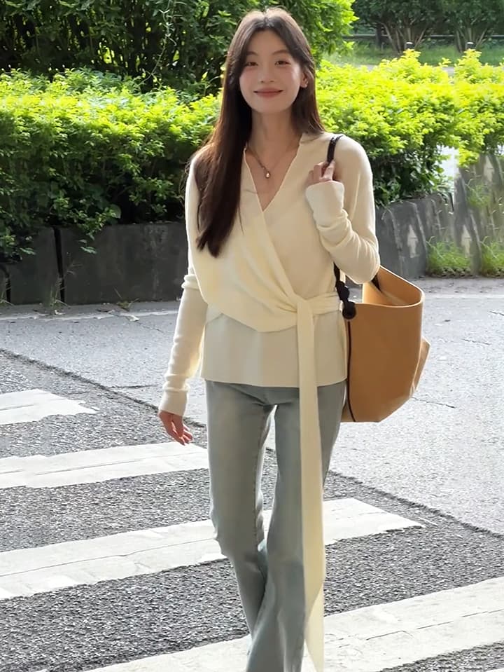 있음 도착 다양한 착용 법 프랑스식 십자가 니트 맨위 품격 부드러운 밴딩 신축성 다용도 여성 가을 상세 이미지 4