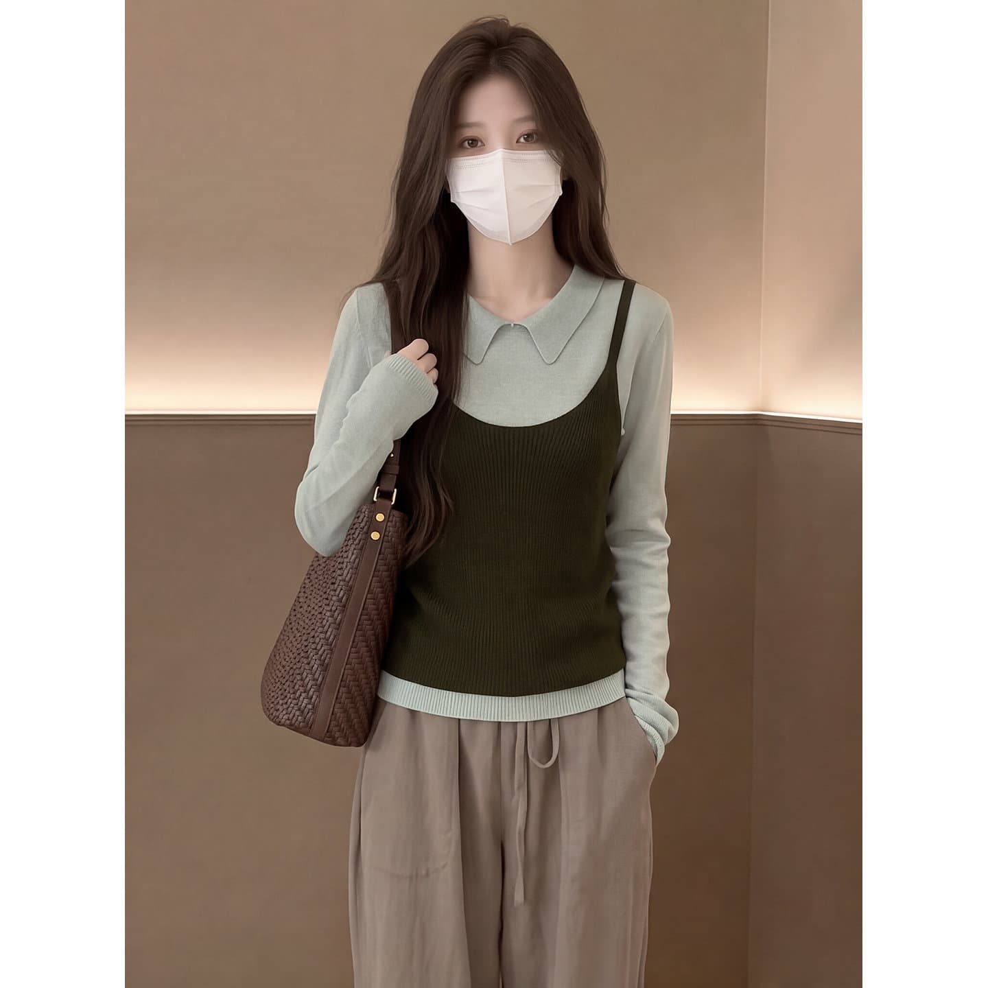 있음 도착 이른 가을 한 부서 레트로 투피스 세트 니트 스웨터 캐미솔 세트 여성 상세 이미지 1