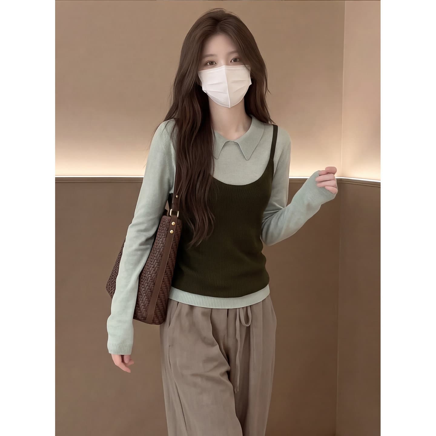 있음 도착 이른 가을 한 부서 레트로 투피스 세트 니트 스웨터 캐미솔 세트 여성 상세 이미지 4